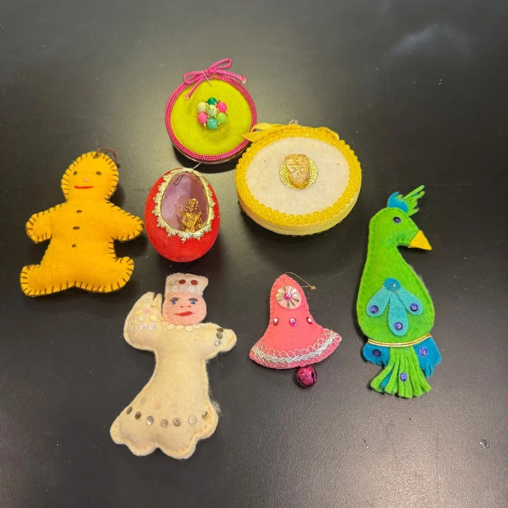 Vintage Christmas Ornaments Lot 7pc Multicolor Felt Sequin Kitsch Retro MCM